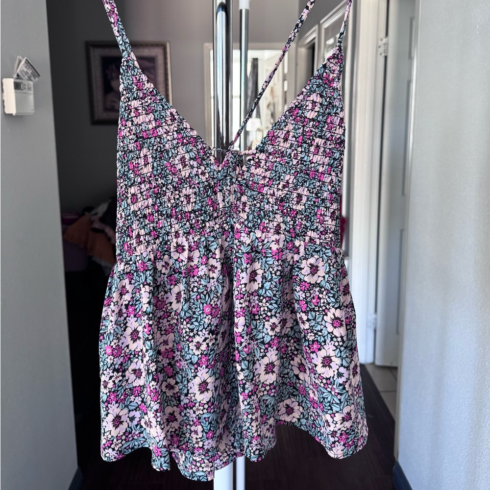 American Eagle Outfitters Floral Smocked Tank Top — Black, Pink, Teal, White